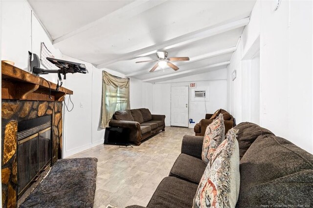 566 Quail Run Rd, Lumberton, NC 28358 - living room with a ceiling fan, a fireplace, and an AC wall unit