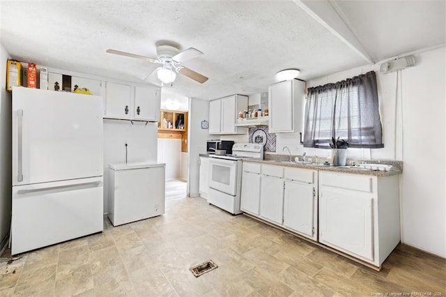 566 Quail Run Rd, Lumberton, NC 28358 - kitchen featuring white appliances, open shelves, ceiling fan, white cabinetry, and a textured ceiling