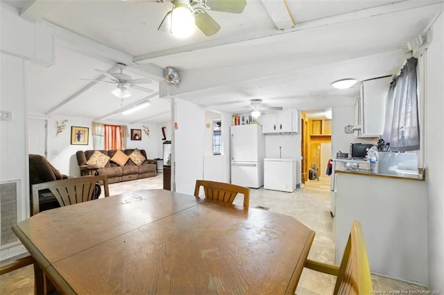 566 Quail Run Rd, Lumberton, NC 28358 - dining space featuring a ceiling fan and beamed ceiling