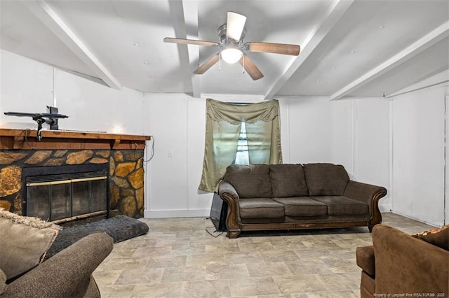 566 Quail Run Rd, Lumberton, NC 28358 - living area with a ceiling fan, beam ceiling, stone finish floors, and a stone fireplace