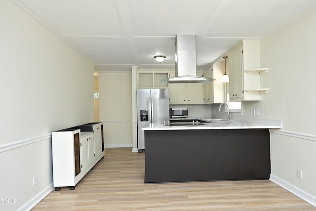 409 Glaive Dr, Durham, NC 27703 - kitchen featuring island range hood, appliances with stainless steel finishes, open shelves, a peninsula, and light wood-style flooring