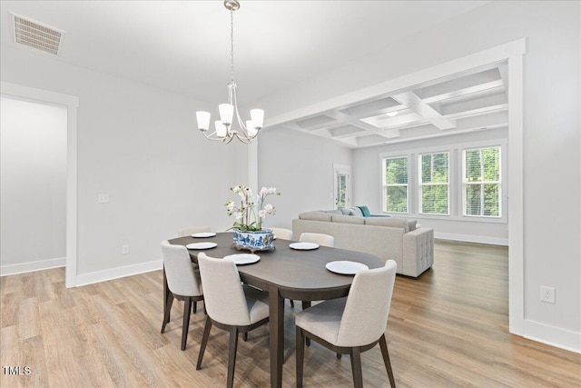 857 Whistable Ave, Wake Forest, NC 27587 - dining room with coffered ceiling, a chandelier, light wood finished floors, baseboards, and beamed ceiling