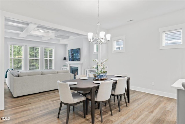 857 Whistable Ave, Wake Forest, NC 27587 - dining area with a chandelier, light wood-type flooring, coffered ceiling, baseboards, and beam ceiling