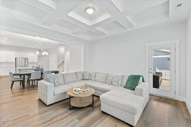 857 Whistable Ave, Wake Forest, NC 27587 - living area with a chandelier, light wood-type flooring, coffered ceiling, beam ceiling, and recessed lighting