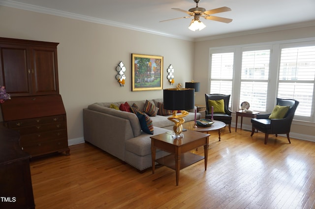 4810 Glenmist Ct, Raleigh, NC 27612 - living room with light wood-style floors, a ceiling fan, ornamental molding, and baseboards