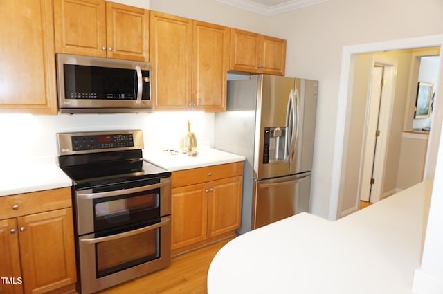4810 Glenmist Ct, Raleigh, NC 27612 - kitchen with appliances with stainless steel finishes, ornamental molding, light countertops, light wood-style floors, and brown cabinetry