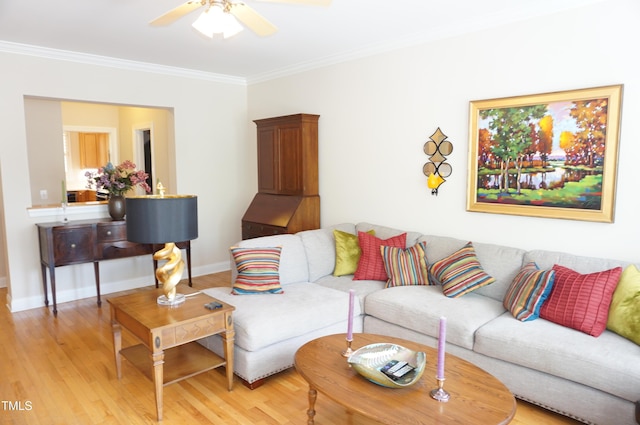 4810 Glenmist Ct, Raleigh, NC 27612 - living room featuring ornamental molding, light wood finished floors, a ceiling fan, and baseboards