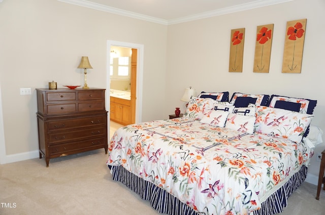 4810 Glenmist Ct, Raleigh, NC 27612 - bedroom with ornamental molding, light colored carpet, baseboards, and ensuite bathroom