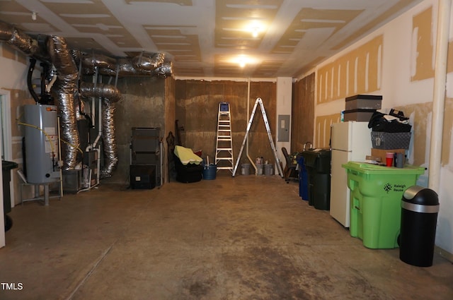 4810 Glenmist Ct, Raleigh, NC 27612 - below grade area with water heater, freestanding refrigerator, electric panel, and heating unit