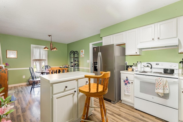 713 Saint Catherines Dr, Wake Forest, NC 27587 - kitchen featuring white electric range oven, stainless steel refrigerator with ice dispenser, under cabinet range hood, and light wood finished floors