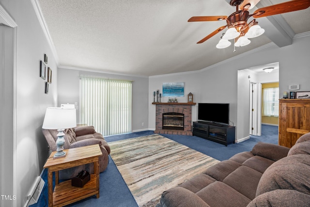 117 Lema Dr, Garner, NC 27529 - living area featuring crown molding, ceiling fan, carpet, baseboards, and a brick fireplace