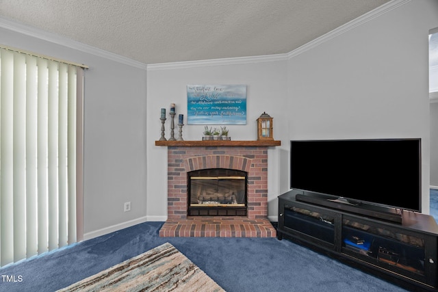 117 Lema Dr, Garner, NC 27529 - living area with carpet, crown molding, a fireplace, a textured ceiling, and baseboards