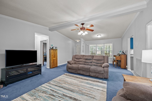117 Lema Dr, Garner, NC 27529 - carpeted living area featuring a ceiling fan, crown molding, baseboards, and a textured ceiling