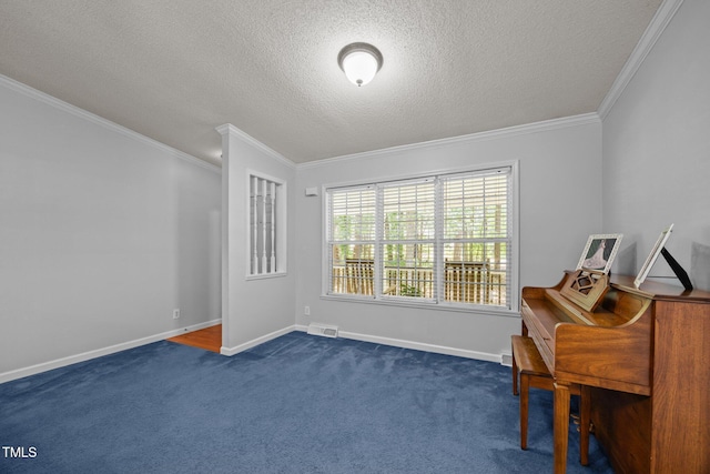 117 Lema Dr, Garner, NC 27529 - living area with ornamental molding, a textured ceiling, baseboards, and dark carpet