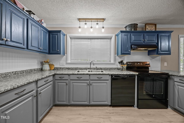 117 Lema Dr, Garner, NC 27529 - kitchen featuring black appliances, a sink, under cabinet range hood, a textured ceiling, and crown molding