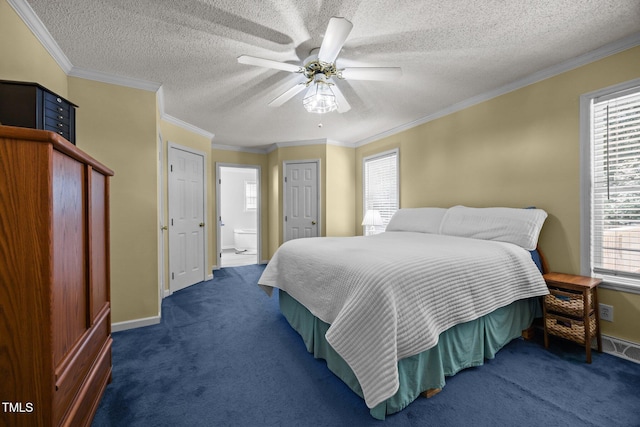 117 Lema Dr, Garner, NC 27529 - bedroom with dark carpet, multiple windows, a textured ceiling, and crown molding