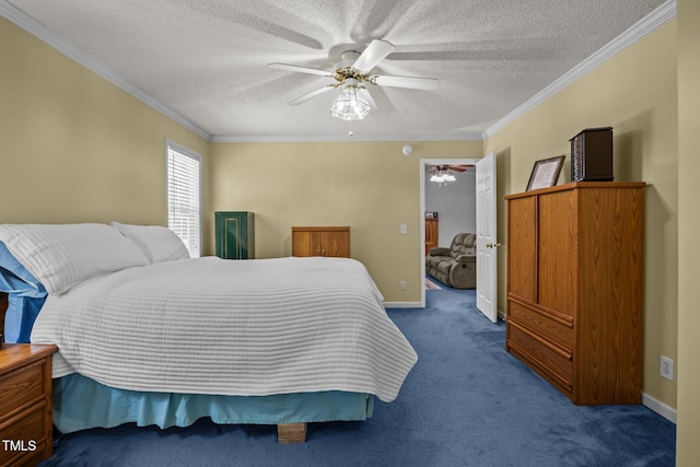 117 Lema Dr, Garner, NC 27529 - carpeted bedroom featuring crown molding, a textured ceiling, a ceiling fan, and baseboards