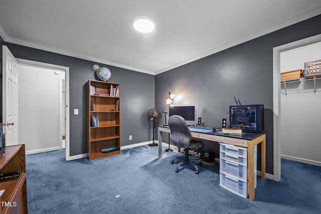 117 Lema Dr, Garner, NC 27529 - carpeted home office with ornamental molding, a textured ceiling, and baseboards