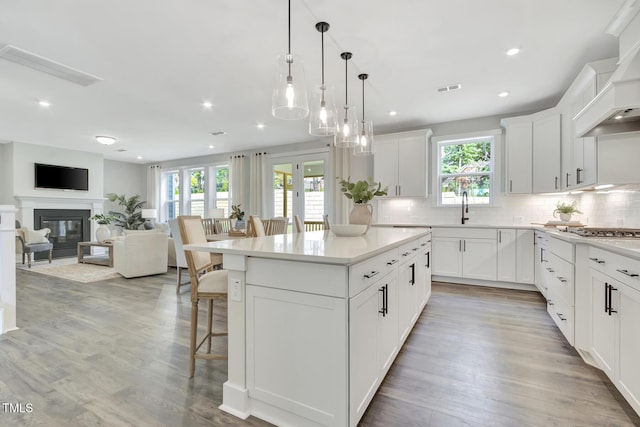 1100 Balsawood Dr Unit 5, Durham, NC 27705 - kitchen featuring a sink, a kitchen bar, backsplash, premium range hood, and stainless steel gas cooktop