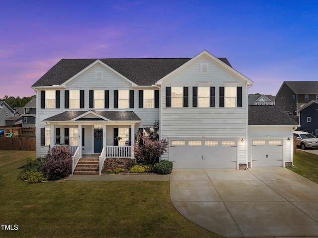204 Ashland Hill Dr, Holly Springs, NC 27540 - view of front of property with covered porch, driveway, a front yard, an attached garage, and a shingled roof