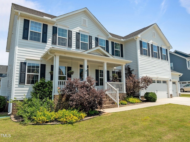204 Ashland Hill Dr, Holly Springs, NC 27540 - view of front facade with driveway, an attached garage, a porch, and a front lawn