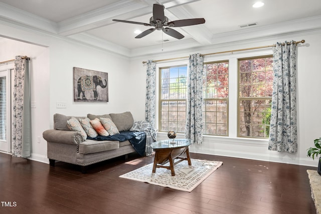 329 Castle Rock Ln, Cary, NC 27519 - living area featuring ceiling fan, wood-type flooring, beam ceiling, coffered ceiling, and ornamental molding