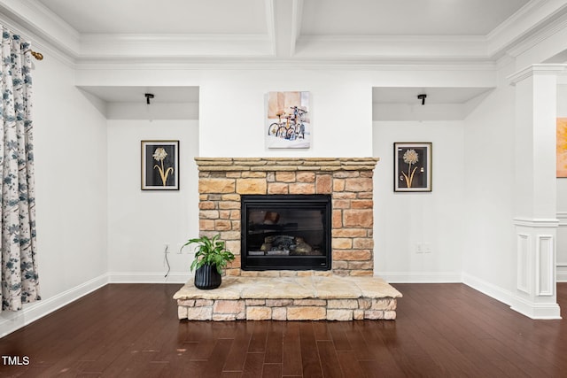 329 Castle Rock Ln, Cary, NC 27519 - unfurnished living room with a fireplace, dark wood-style flooring, ornate columns, and crown molding