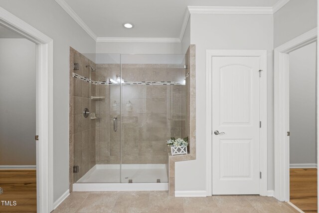 329 Castle Rock Ln, Cary, NC 27519 - full bathroom with a shower stall and crown molding