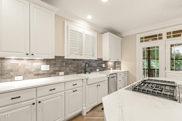 3124 Briar Stream Run, Raleigh, NC 27612 - kitchen featuring a sink, ornamental molding, appliances with stainless steel finishes, white cabinets, and tasteful backsplash