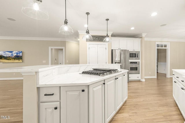 3124 Briar Stream Run, Raleigh, NC 27612 - kitchen with stainless steel appliances, a center island, light wood-type flooring, crown molding, and white cabinets