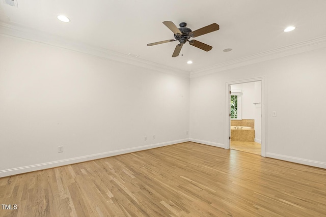 3124 Briar Stream Run, Raleigh, NC 27612 - spare room featuring ornamental molding, light wood finished floors, a ceiling fan, baseboards, and recessed lighting