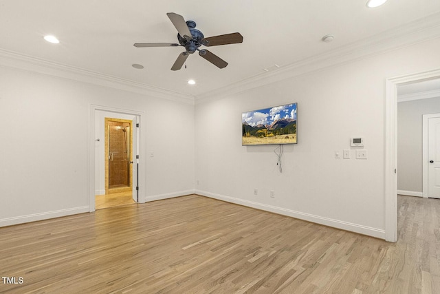 3124 Briar Stream Run, Raleigh, NC 27612 - empty room with crown molding, light wood-style flooring, a ceiling fan, baseboards, and recessed lighting