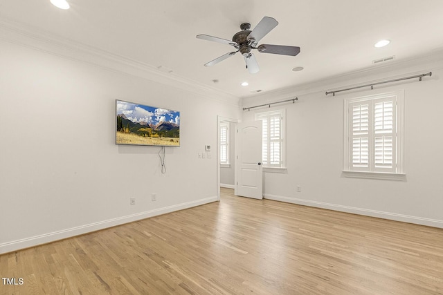 3124 Briar Stream Run, Raleigh, NC 27612 - unfurnished room with ornamental molding, light wood-style flooring, ceiling fan, baseboards, and recessed lighting