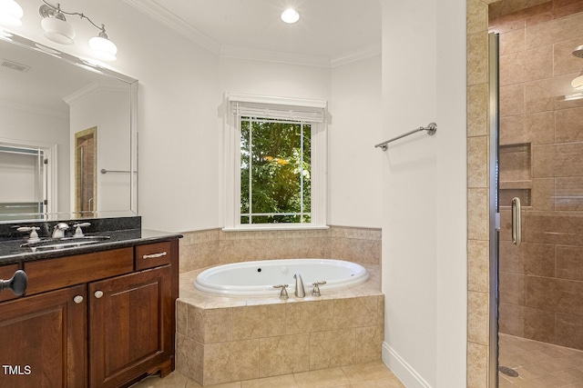 3124 Briar Stream Run, Raleigh, NC 27612 - full bath featuring vanity, a stall shower, a bath, tile patterned flooring, and ornamental molding