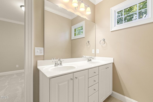 3124 Briar Stream Run, Raleigh, NC 27612 - full bathroom with crown molding, healthy amount of natural light, double vanity, and baseboards