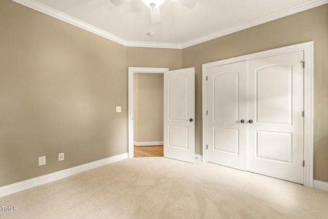 3124 Briar Stream Run, Raleigh, NC 27612 - unfurnished bedroom featuring carpet flooring, ornamental molding, baseboards, a closet, and ceiling fan