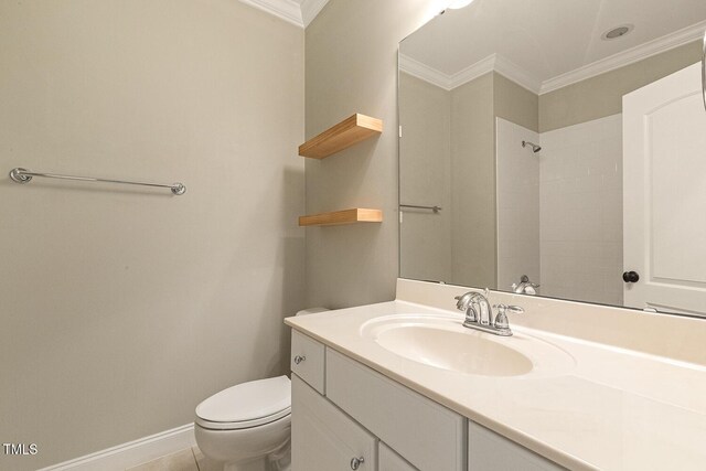 3124 Briar Stream Run, Raleigh, NC 27612 - full bath with ornamental molding, toilet, vanity, a shower, and baseboards