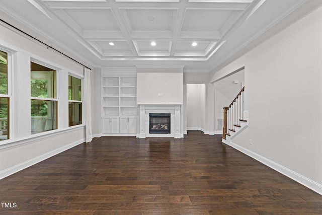 7502 Latteri Ct, Raleigh, NC 27613 - unfurnished living room featuring ornamental molding, stairway, wood finished floors, coffered ceiling, and recessed lighting