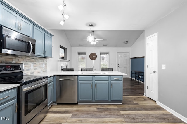 50 Rainwood Ct, Louisburg, NC 27549 - kitchen featuring stainless steel appliances, a peninsula, a sink, a ceiling fan, and lofted ceiling