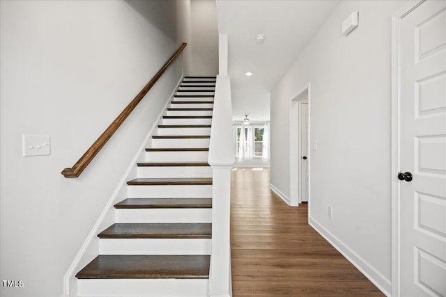 214 George Pine Way, Knightdale, NC 27545 - staircase with wood finished floors, recessed lighting, and baseboards