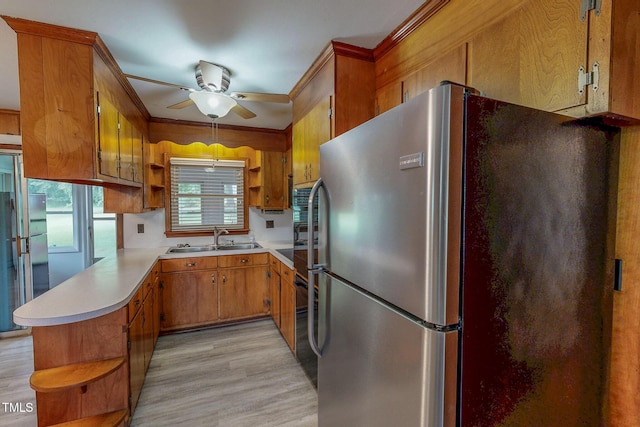 9455 Boston Rd, Roxboro, NC 27574 - kitchen featuring freestanding refrigerator, open shelves, a sink, a ceiling fan, and light countertops