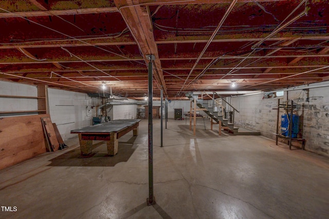 9455 Boston Rd, Roxboro, NC 27574 - unfinished basement with stairs, a water pressure tank, and billiards