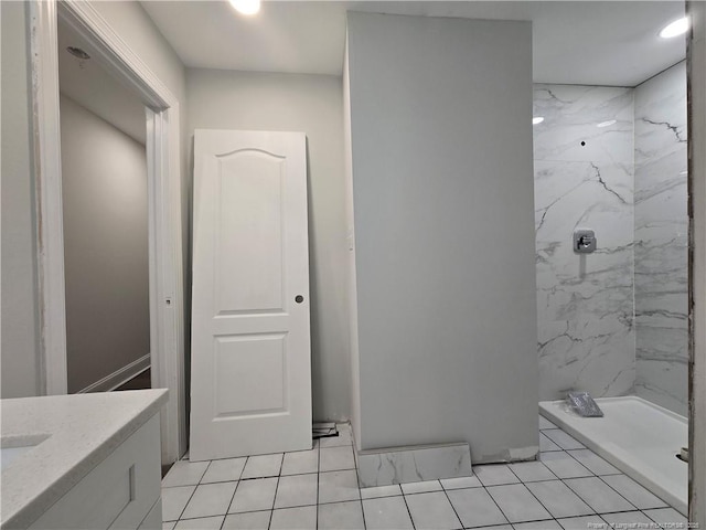 409 Thimbleberry Dr, Vass, NC 28394 - full bath featuring vanity, a marble finish shower, and recessed lighting
