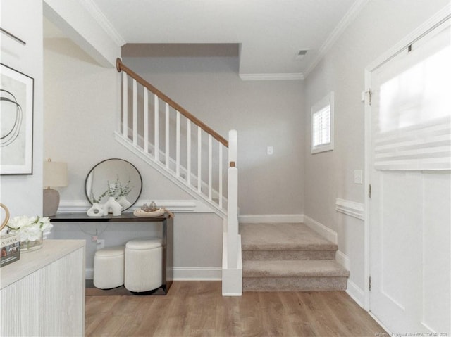 298 Turkey Trot Ln, Raeford, NC 28376 - staircase with ornamental molding, wood finished floors, and baseboards
