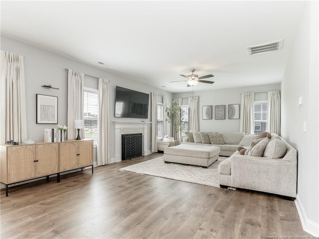 298 Turkey Trot Ln, Raeford, NC 28376 - living area featuring plenty of natural light, wood finished floors, a ceiling fan, and a fireplace