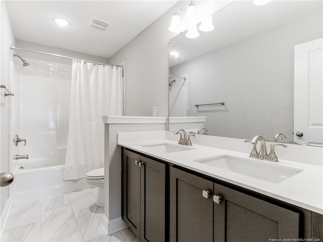 298 Turkey Trot Ln, Raeford, NC 28376 - full bathroom featuring toilet, shower / bath combo with shower curtain, double vanity, marble look tiles, and recessed lighting