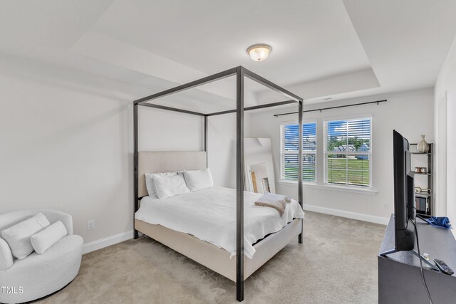 520 Oak Holly Ln, Zebulon, NC 27597 - bedroom featuring baseboards, light carpet, and a tray ceiling