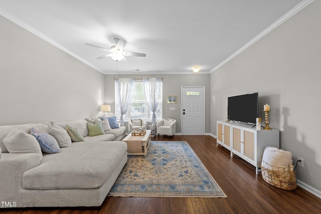 5717 Corbon Crest Ln, Raleigh, NC 27612 - living room with wood finished floors, a ceiling fan, and ornamental molding