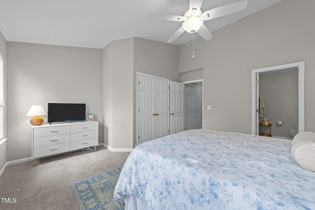 5717 Corbon Crest Ln, Raleigh, NC 27612 - carpeted bedroom with ceiling fan and high vaulted ceiling