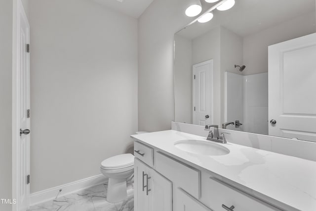 1217 Linkwood Way, Fuquay Varina, NC 27526 - bathroom featuring vanity, toilet, marble look tile flooring, baseboards, and a shower